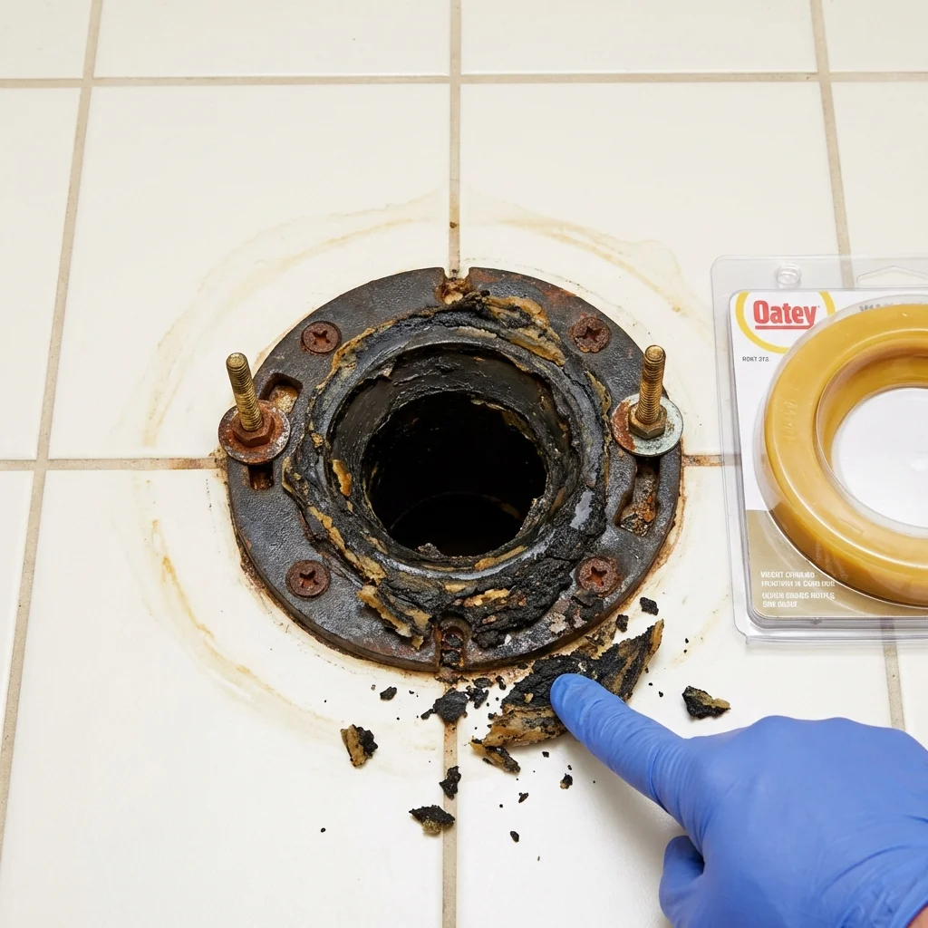 Failed wax ring showing water seepage at the base of a toilet in a Lyons, OR home