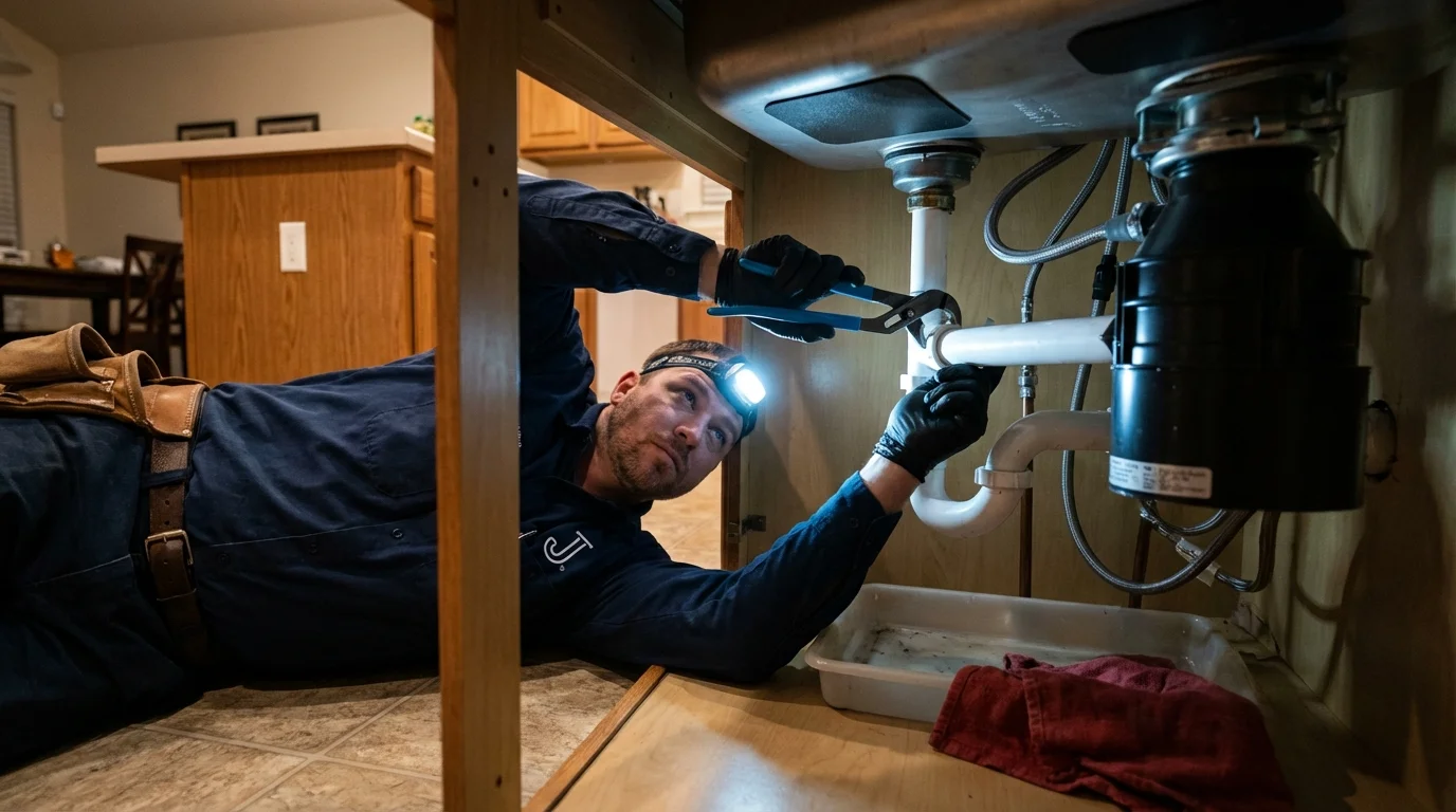 P-trap and supply line connections under a kitchen sink showing a common leak point in Lyons, OR